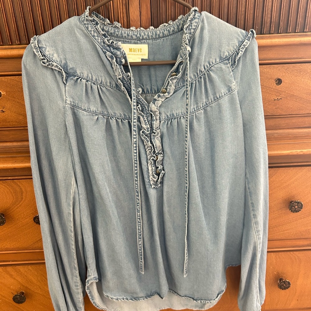 Anthropologie Maeve Chambray Ruffled Women's Top